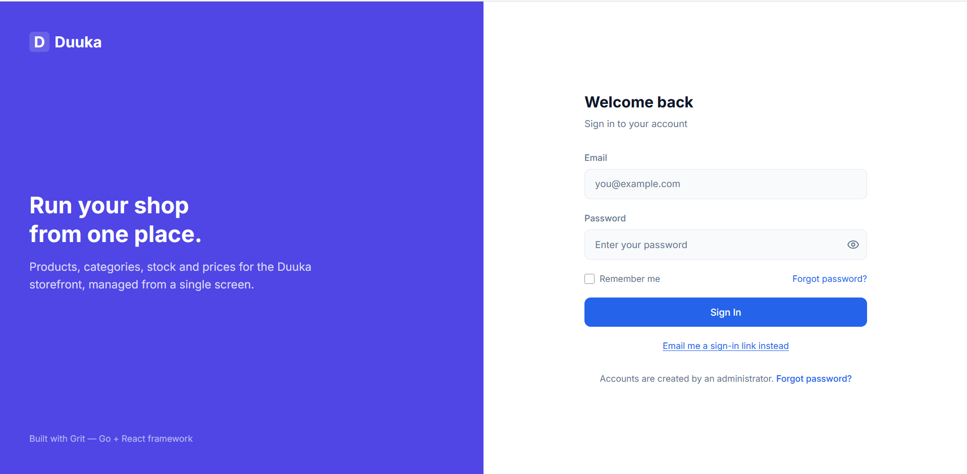 The Duuka admin sign-in page: email and password, a remember-me option, and a note that accounts are created by an administrator.