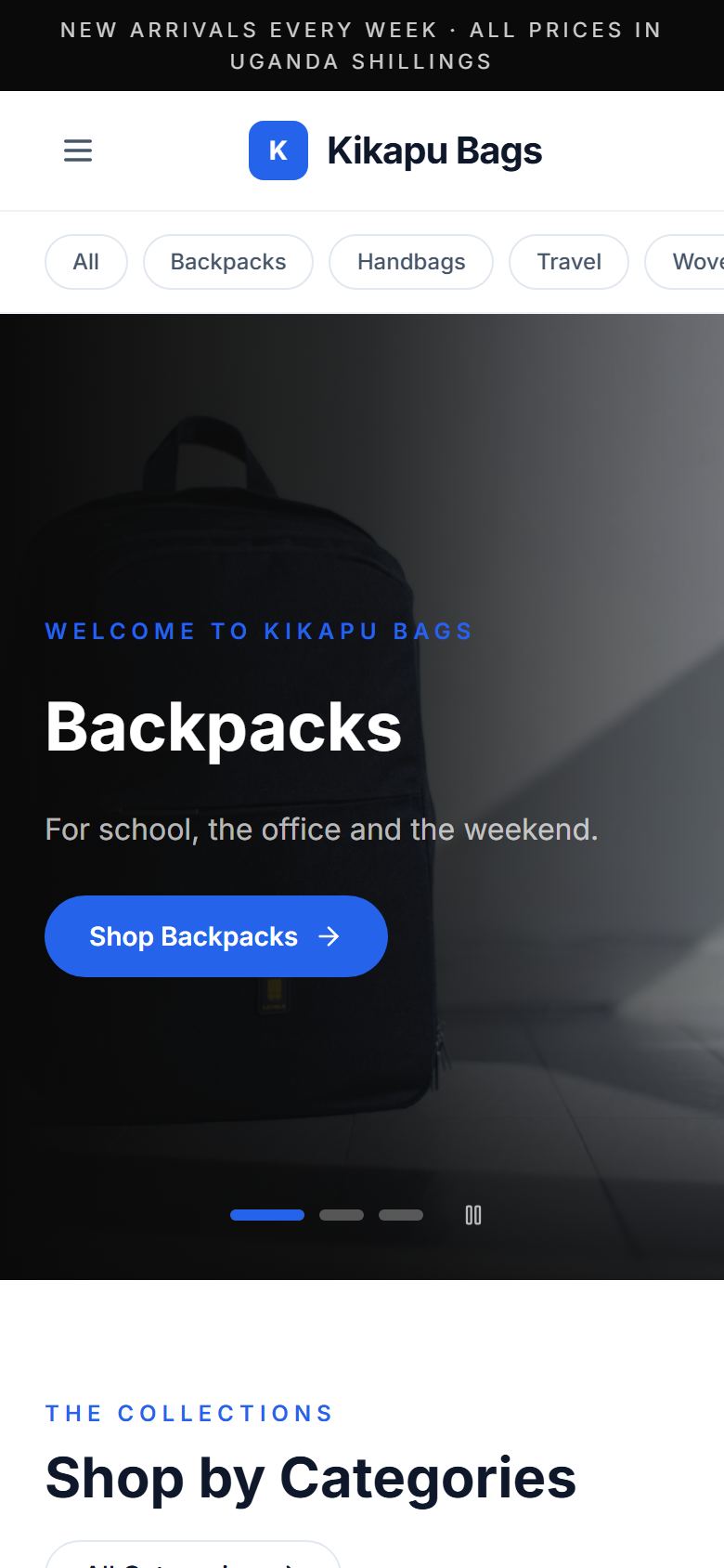 The Kikapu Bags storefront on a phone.