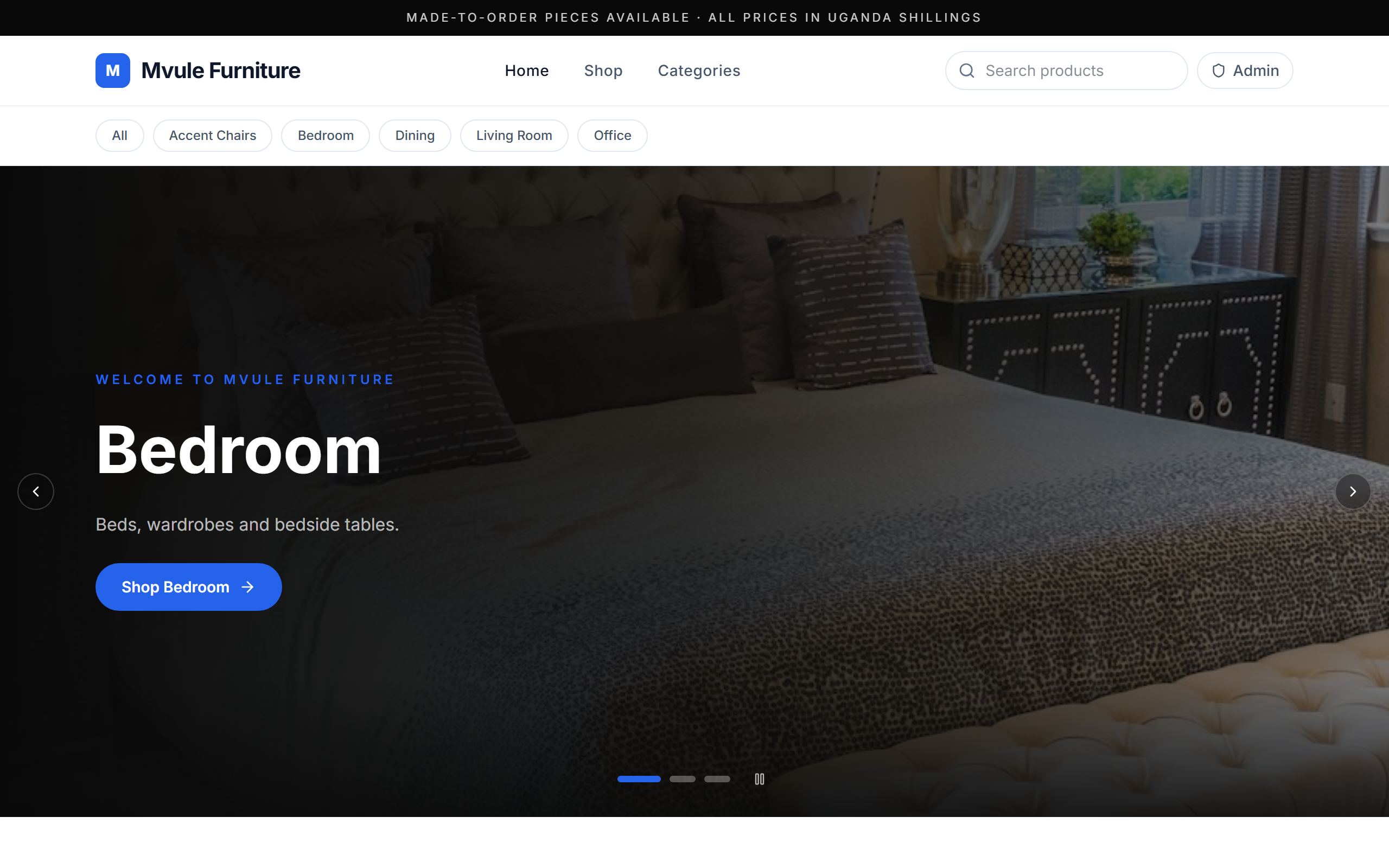 The Mvule Furniture storefront on Duuka, with its categories and a featured bedroom collection.