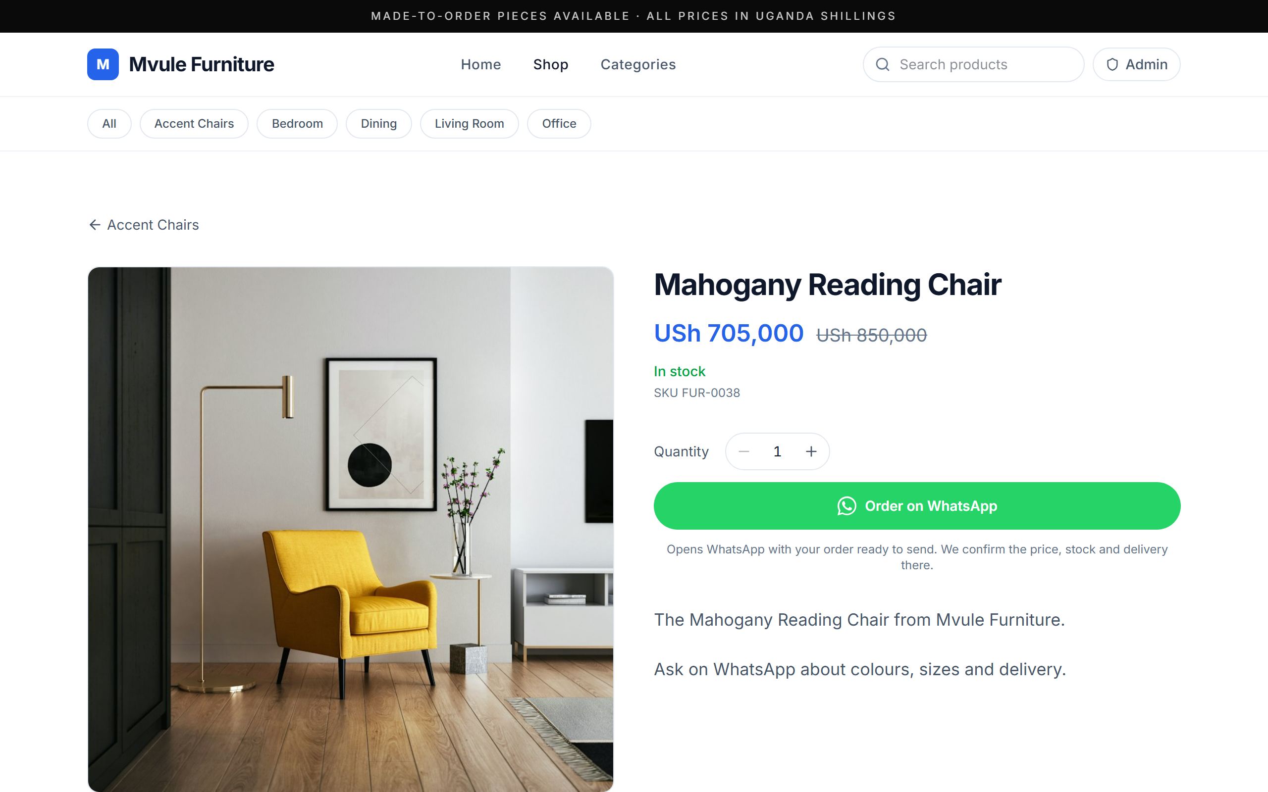 A Mvule Furniture product page on Duuka: the Mahogany Reading Chair at USh 705,000, down from USh 850,000, in stock, with an Order on WhatsApp button.